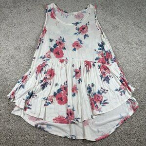 Sweet Pea Floral Sleeveless Babydoll Dress High Low Hem White Pink Roses Small
